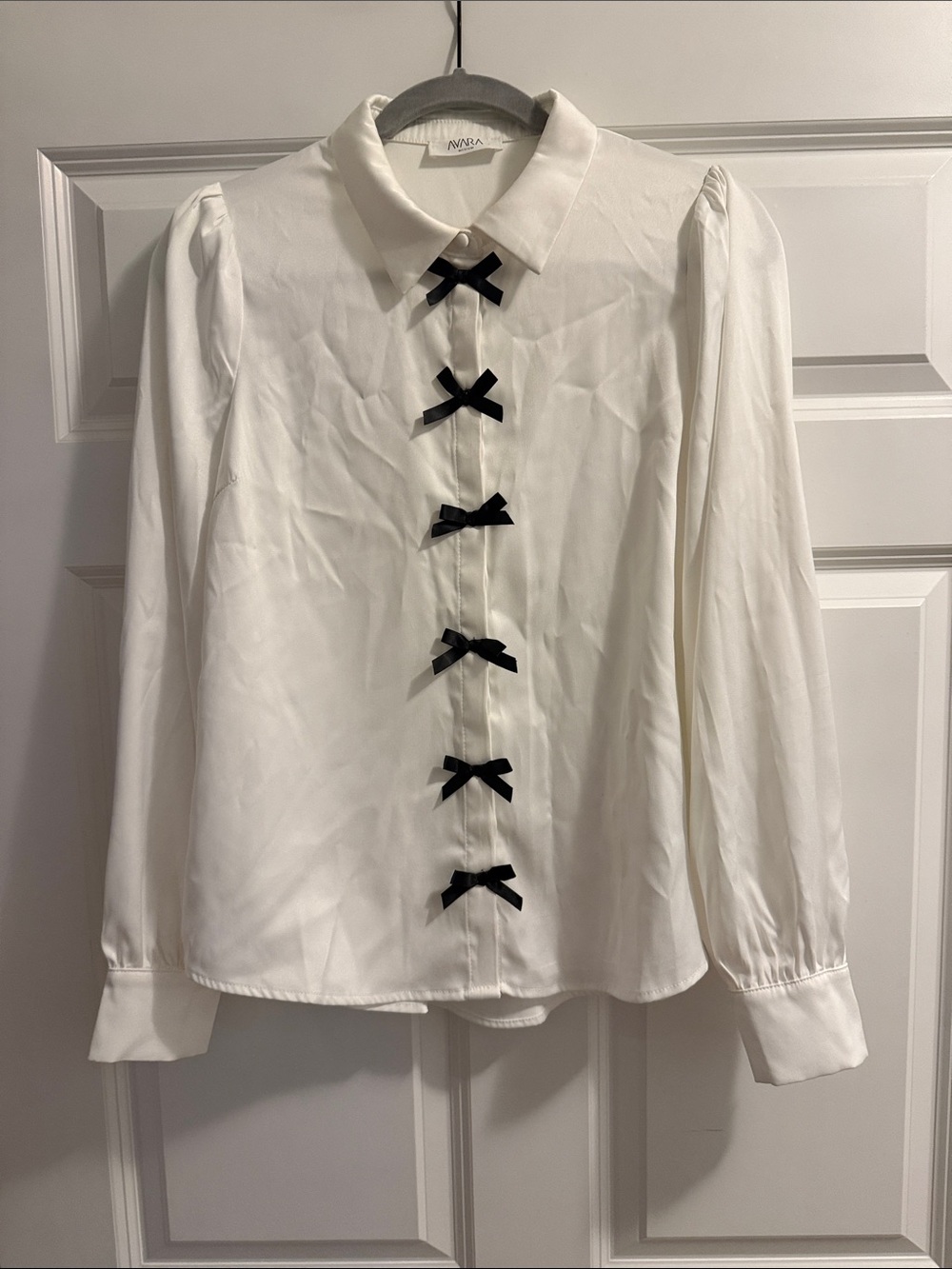 Anine Bing White Button-Down Blouse with Black Bow Trim